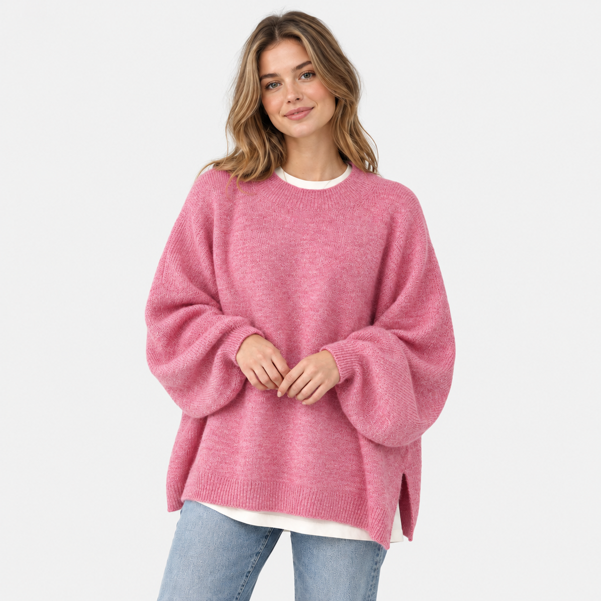 Women's Crew Neck Sweater - Balloon Sleeve Loose Fit