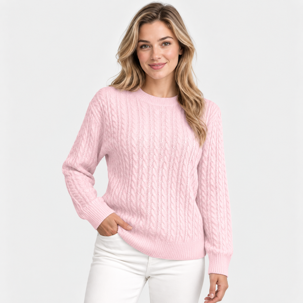 Women's Cable Knit Crew Neck Sweater - Long Sleeve
