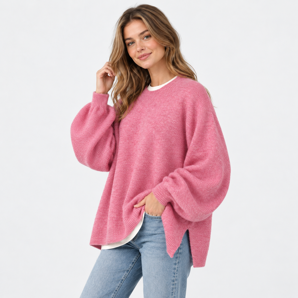 Women's Crew Neck Sweater - Balloon Sleeve Loose Fit