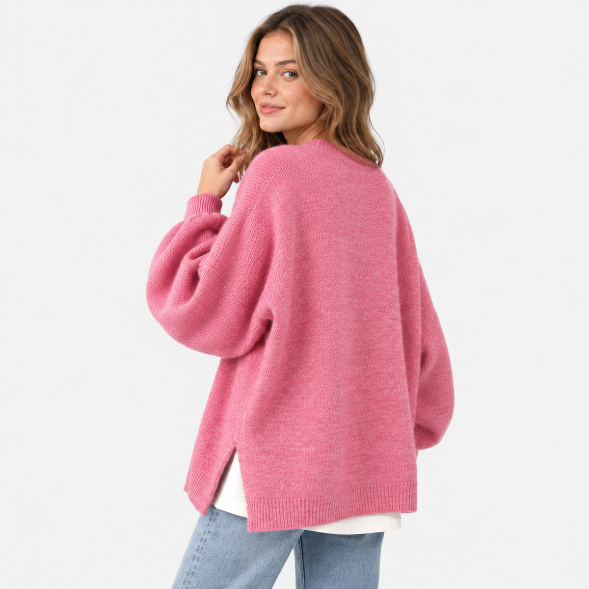 Women's Crew Neck Sweater - Balloon Sleeve Loose Fit