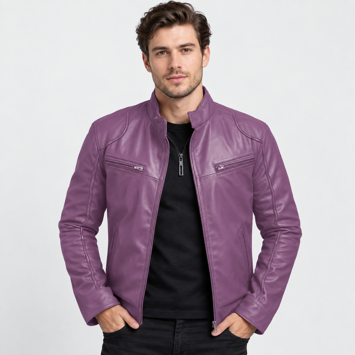 Men's Faux Leather Moto Jacket - Stand Collar