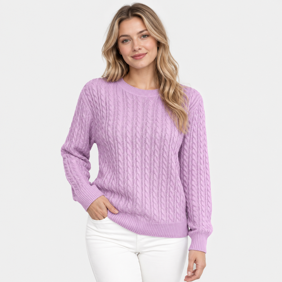 Women's Cable Knit Crew Neck Sweater - Long Sleeve
