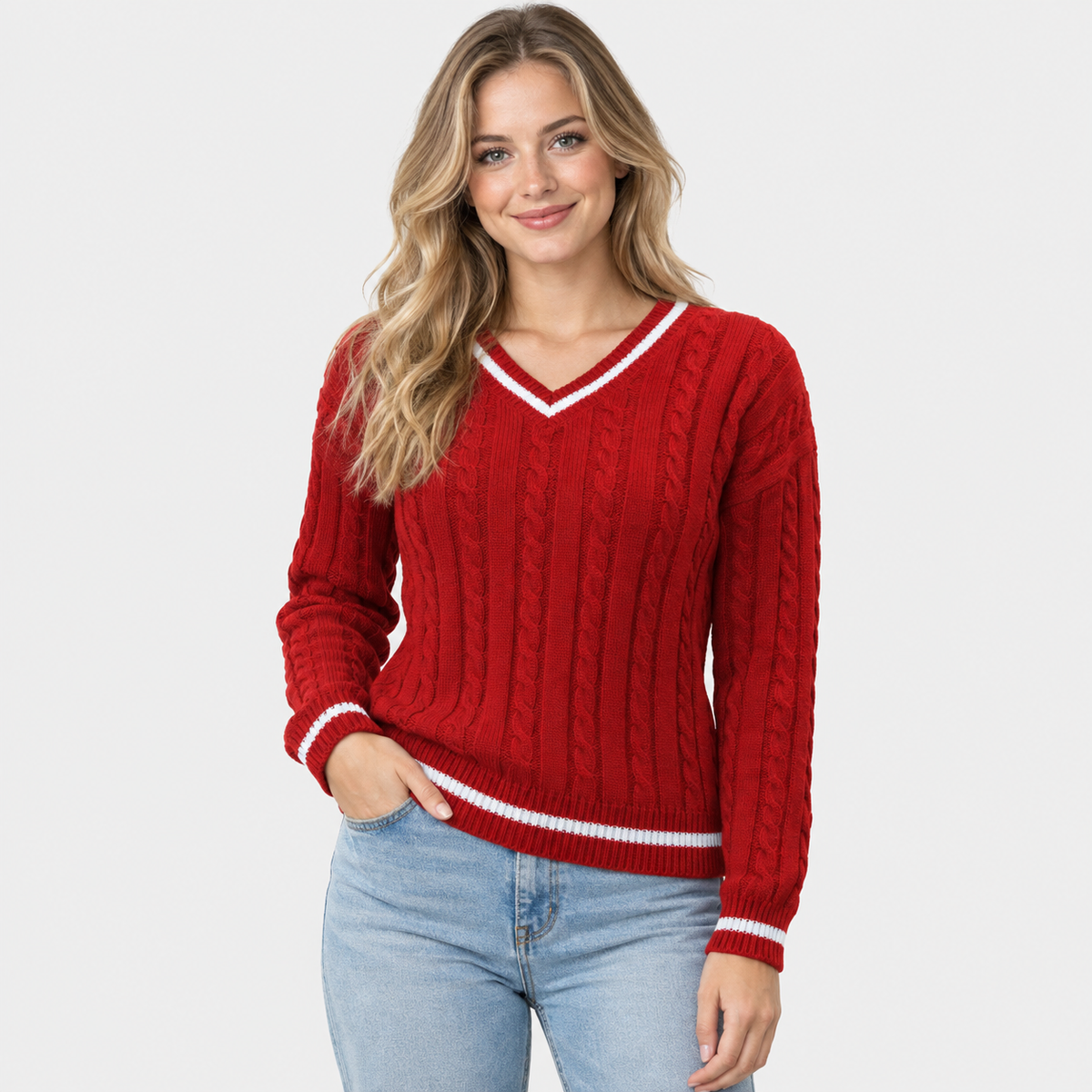 Women's Cable Knit V-Neck Sweater - Loose Fit