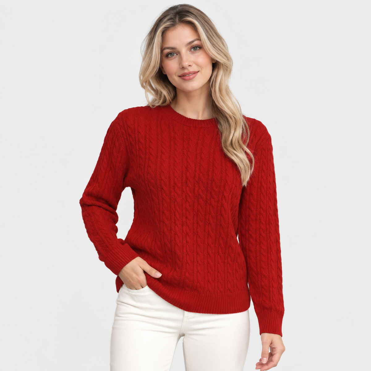 Women's Cable Knit Crew Neck Sweater - Long Sleeve