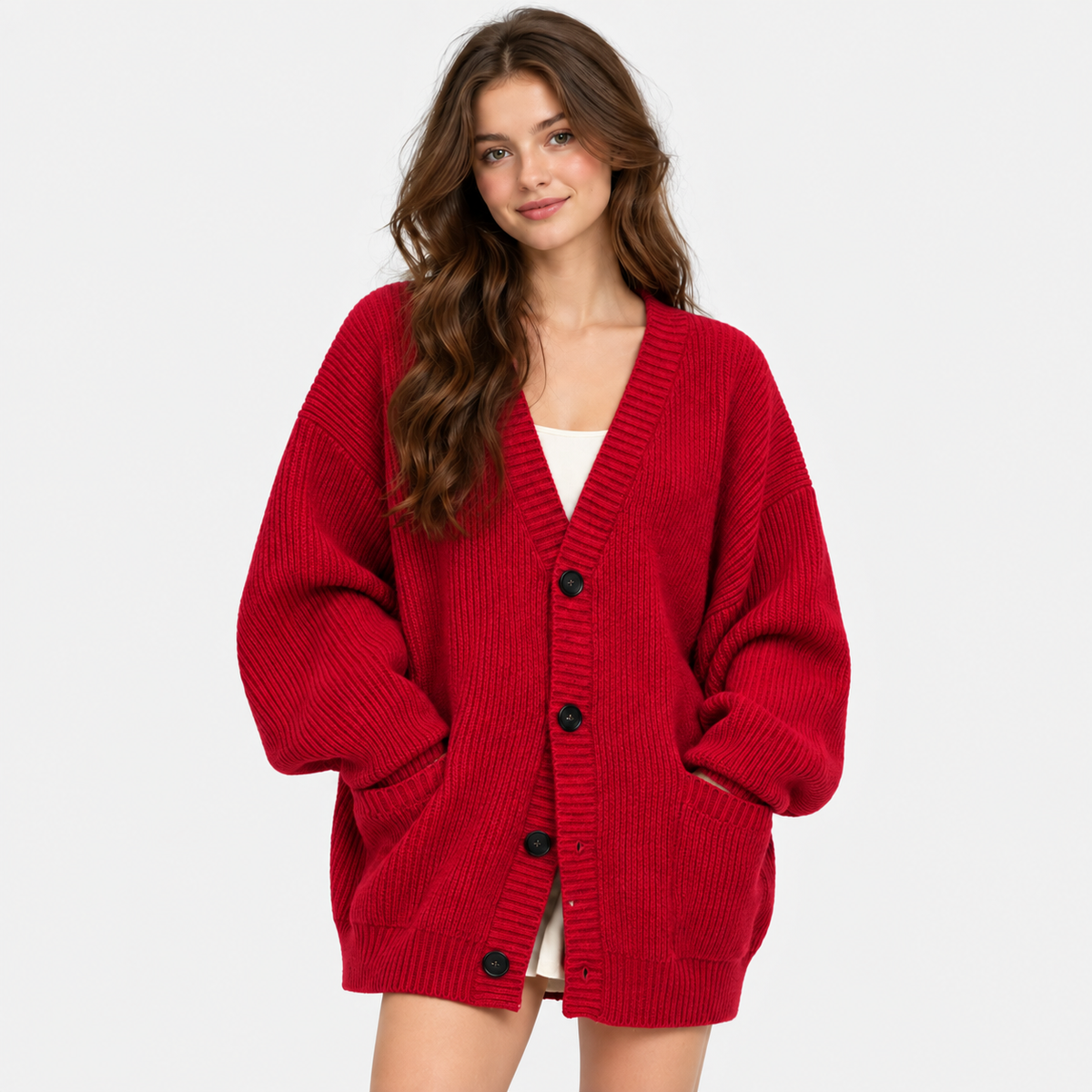 Women's Loose Knit Cardigan Jacket - Button Front