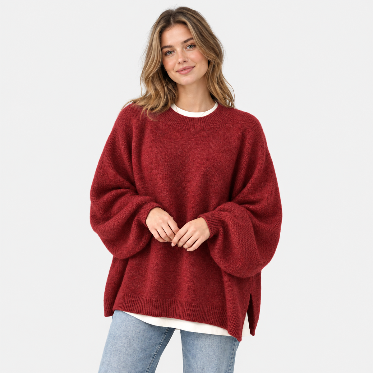 Women's Crew Neck Sweater - Balloon Sleeve Loose Fit