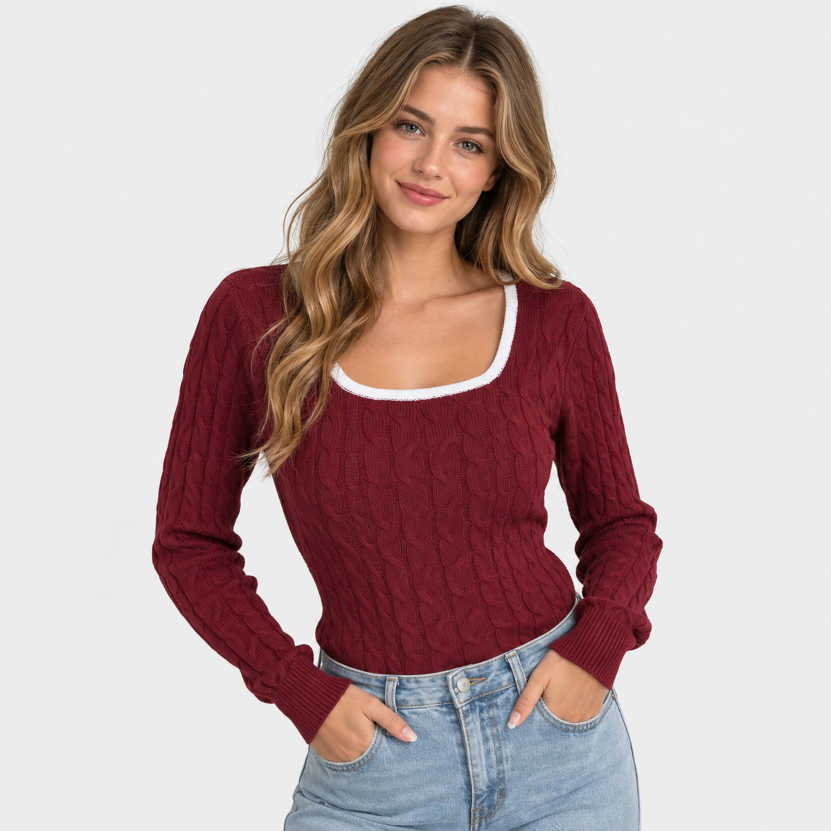 Women's Cable Knit Sweater - Square Neck Slim Fit