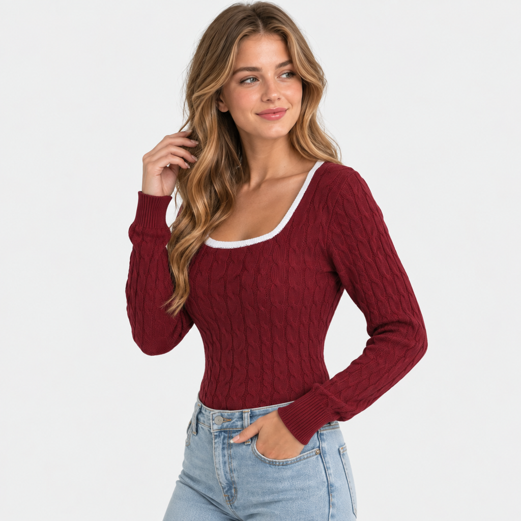 Women's Cable Knit Sweater - Square Neck Slim Fit