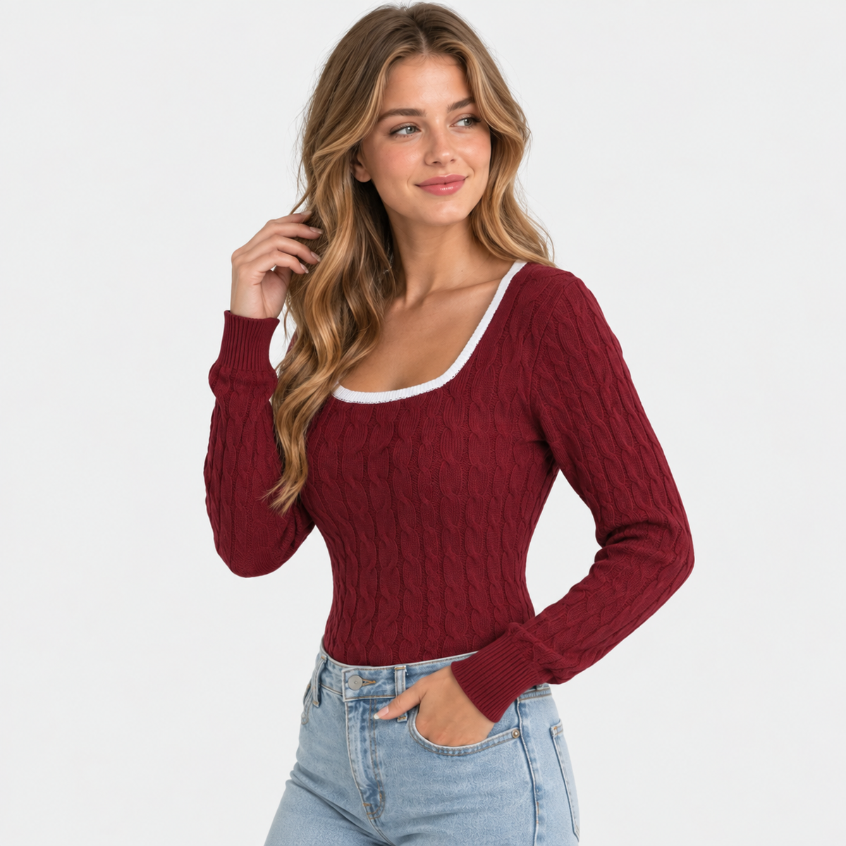 Women's Cable Knit Sweater - Square Neck Slim Fit