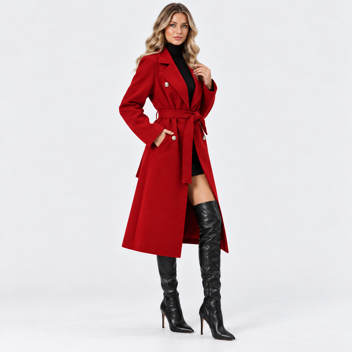 Women's Long Double Breasted Coat with Belted Waist