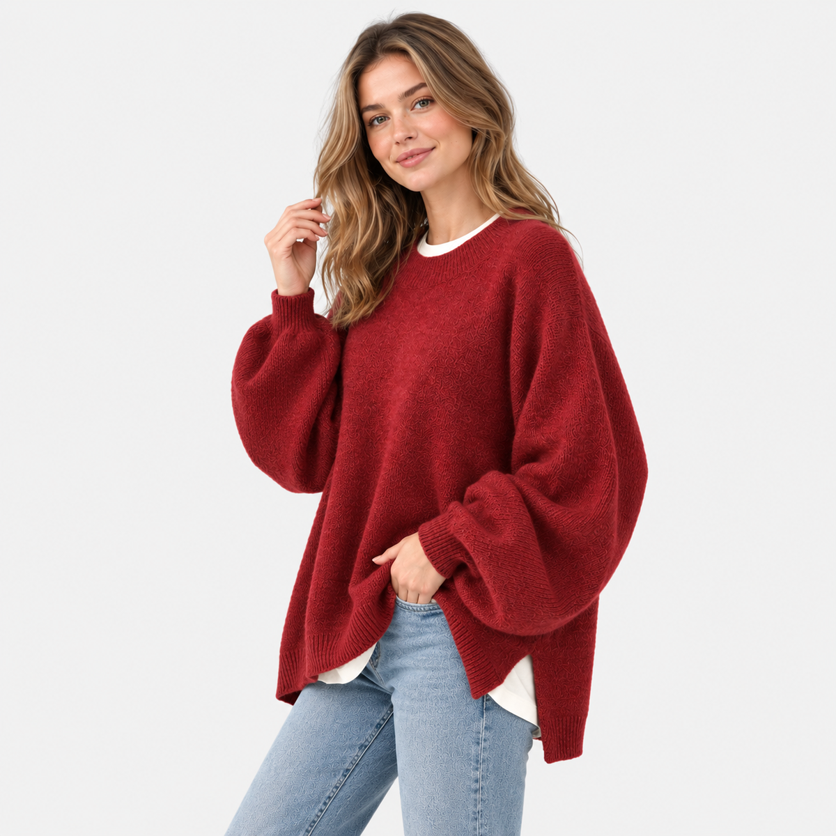 Women's Crew Neck Sweater - Balloon Sleeve Loose Fit