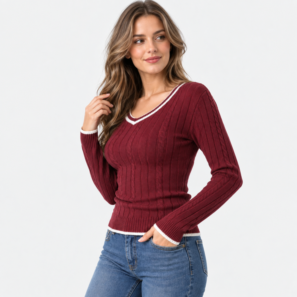 Women's Color Block V-Neck Sweater - Viscose Knit