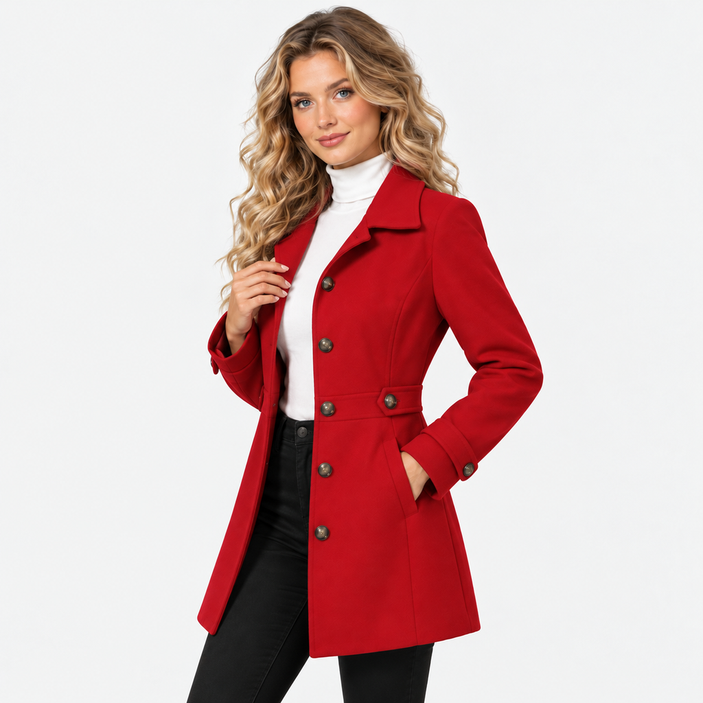 Women's Mid-Length Coat with Lapel Collar and Button Front
