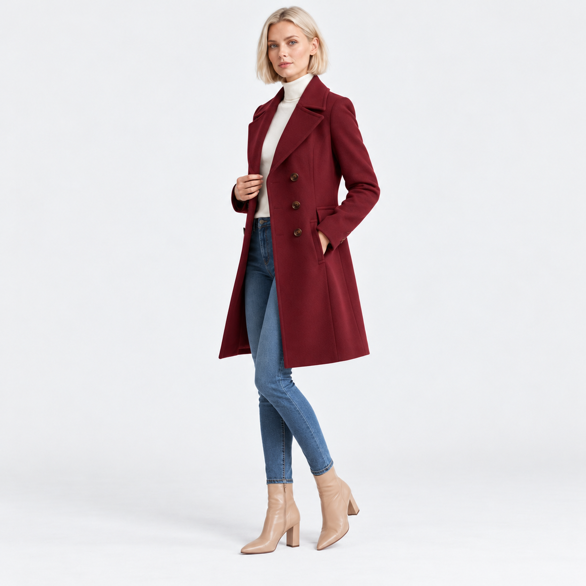 Women's Classic Mid-Length Wool Coat with Slim Fit