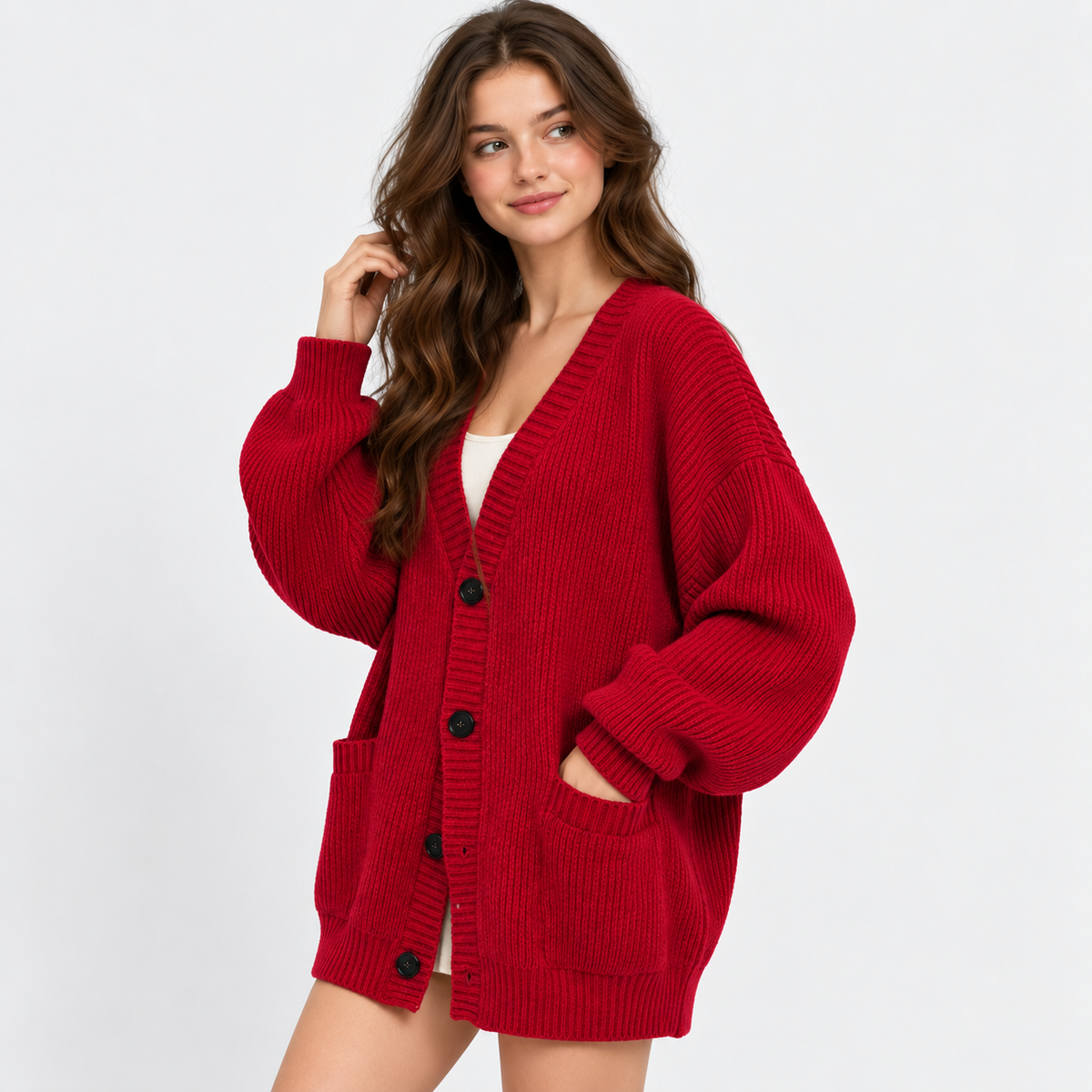 Women's Loose Knit Cardigan Jacket - Button Front
