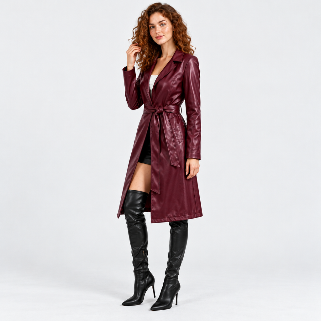 Women's Classic Faux Leather Trench Coat with Belted Waist