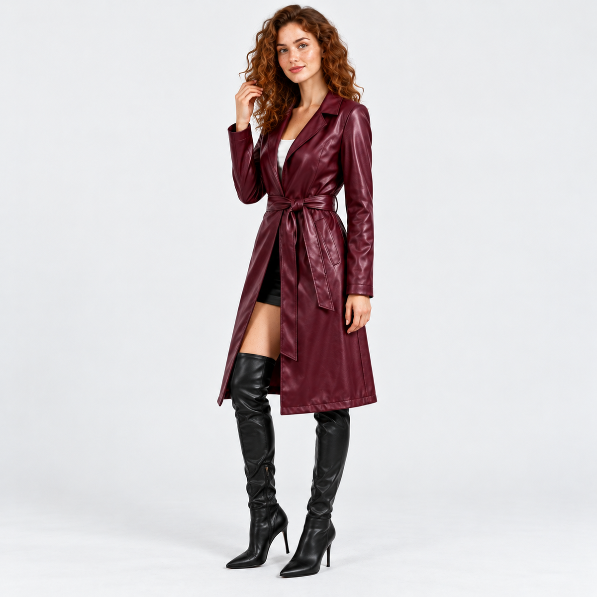 Women's Classic Faux Leather Trench Coat with Belted Waist