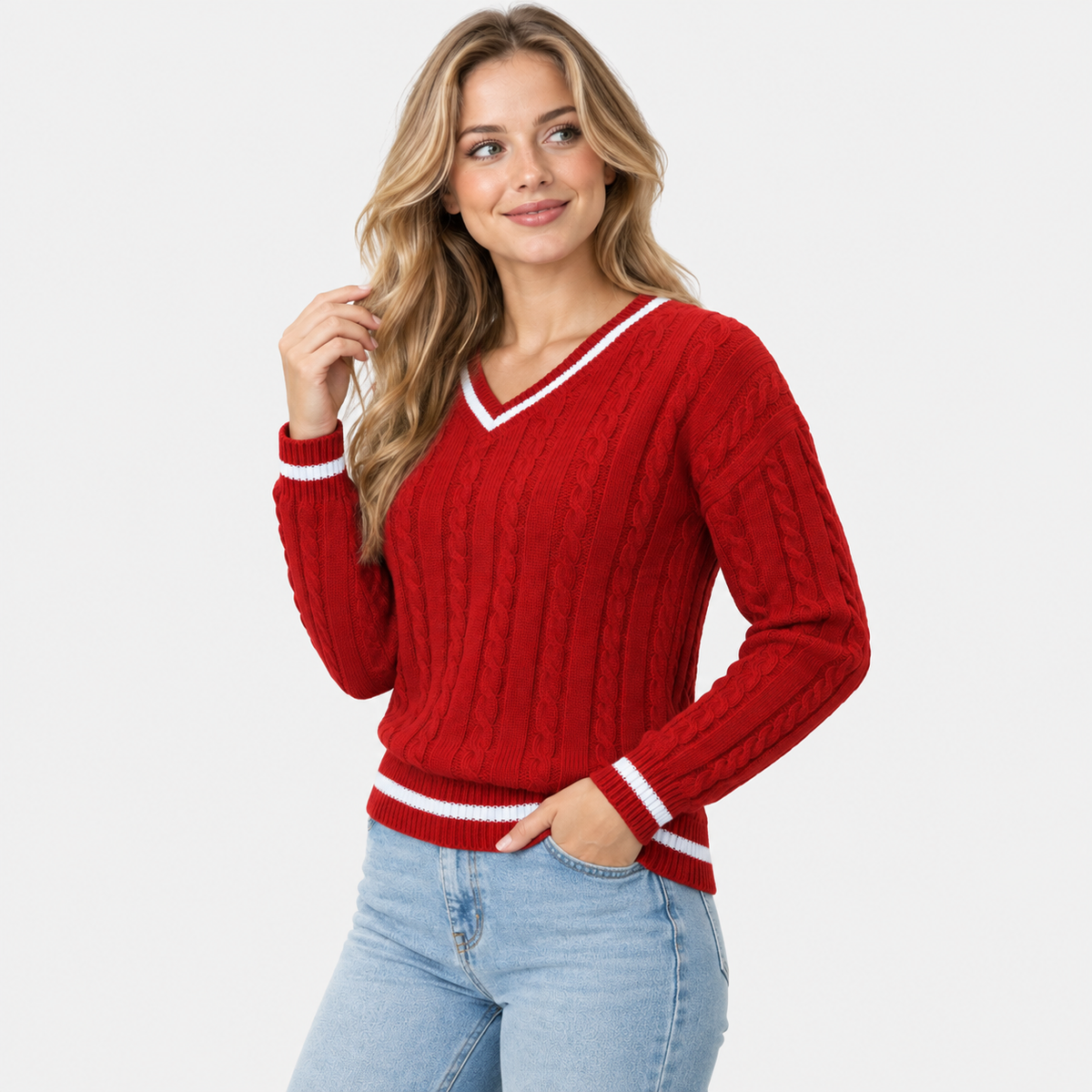 Women's Cable Knit V-Neck Sweater - Loose Fit