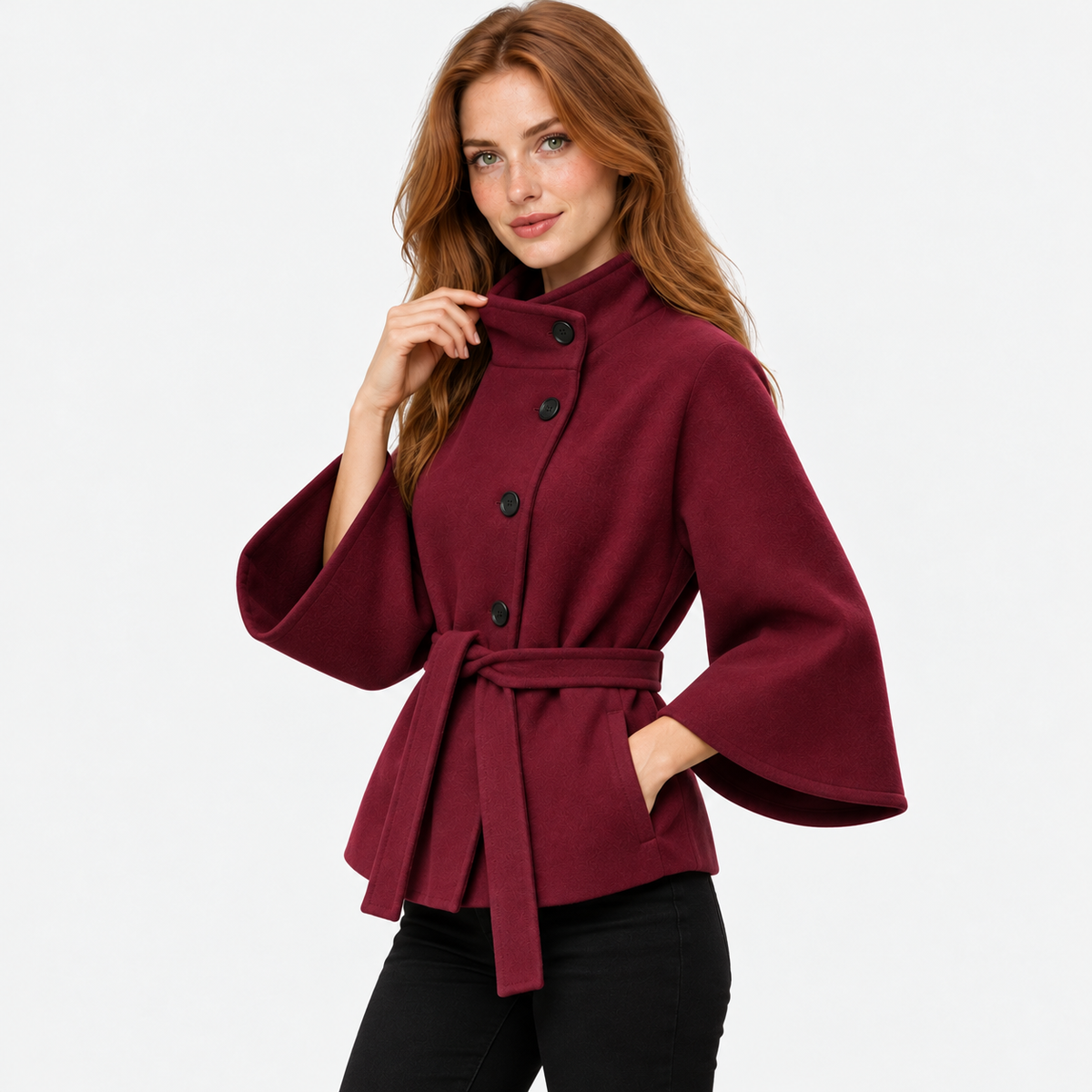 Women's Mandarin Collar Coat with Asymmetric Button Closure