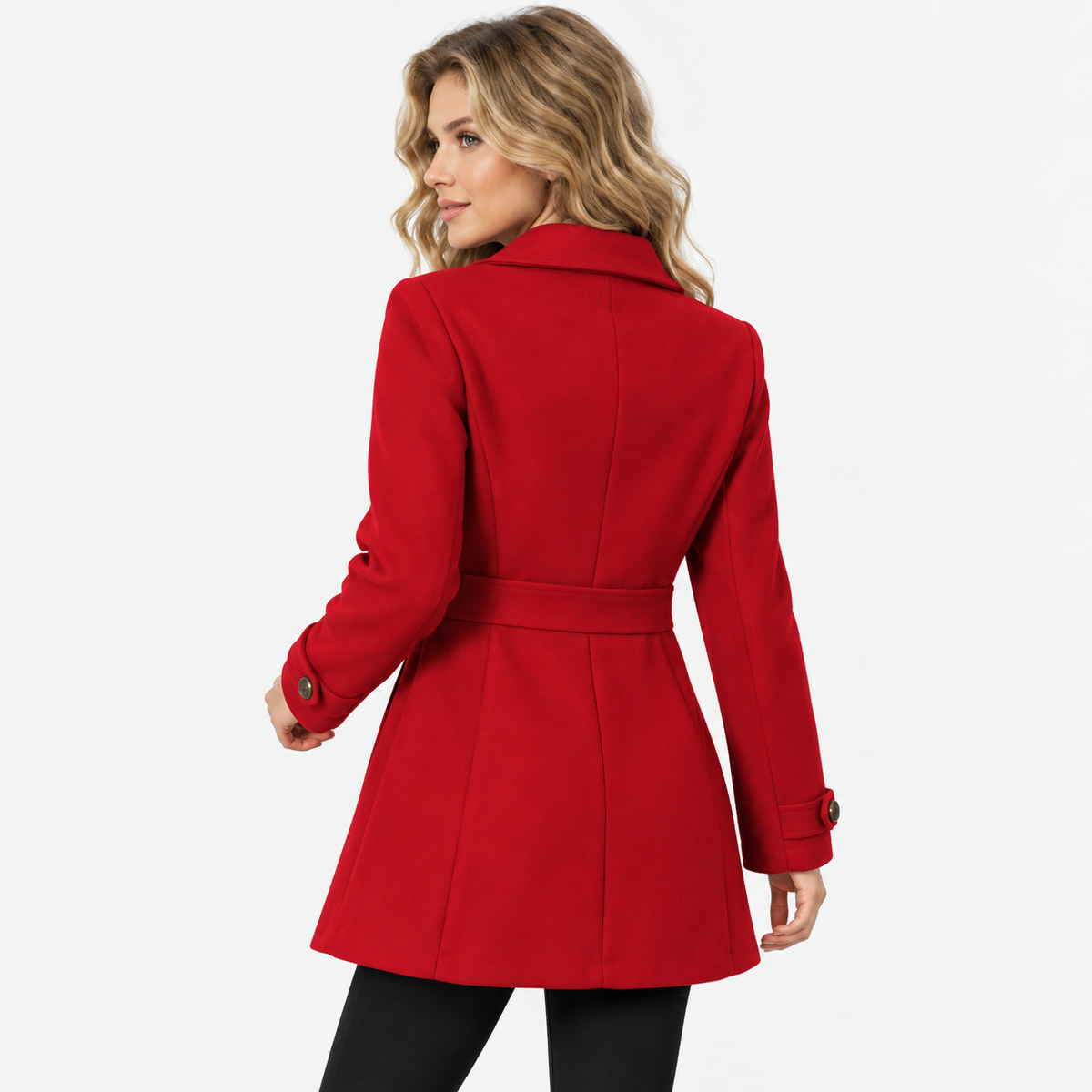 Women's Mid-Length Coat with Lapel Collar and Button Front