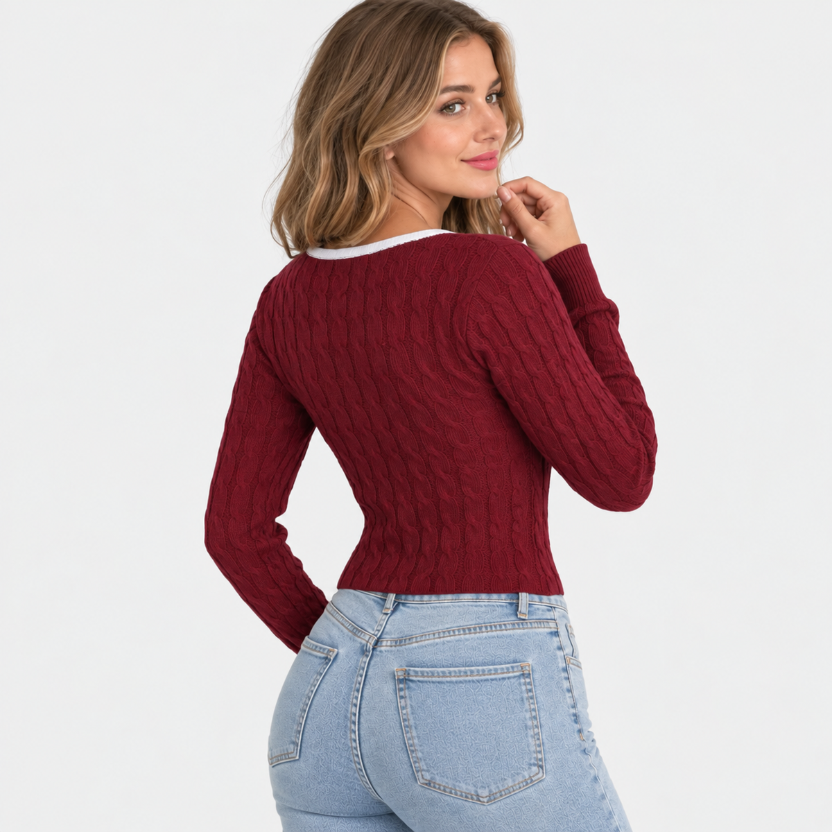 Women's Cable Knit Sweater - Square Neck Slim Fit