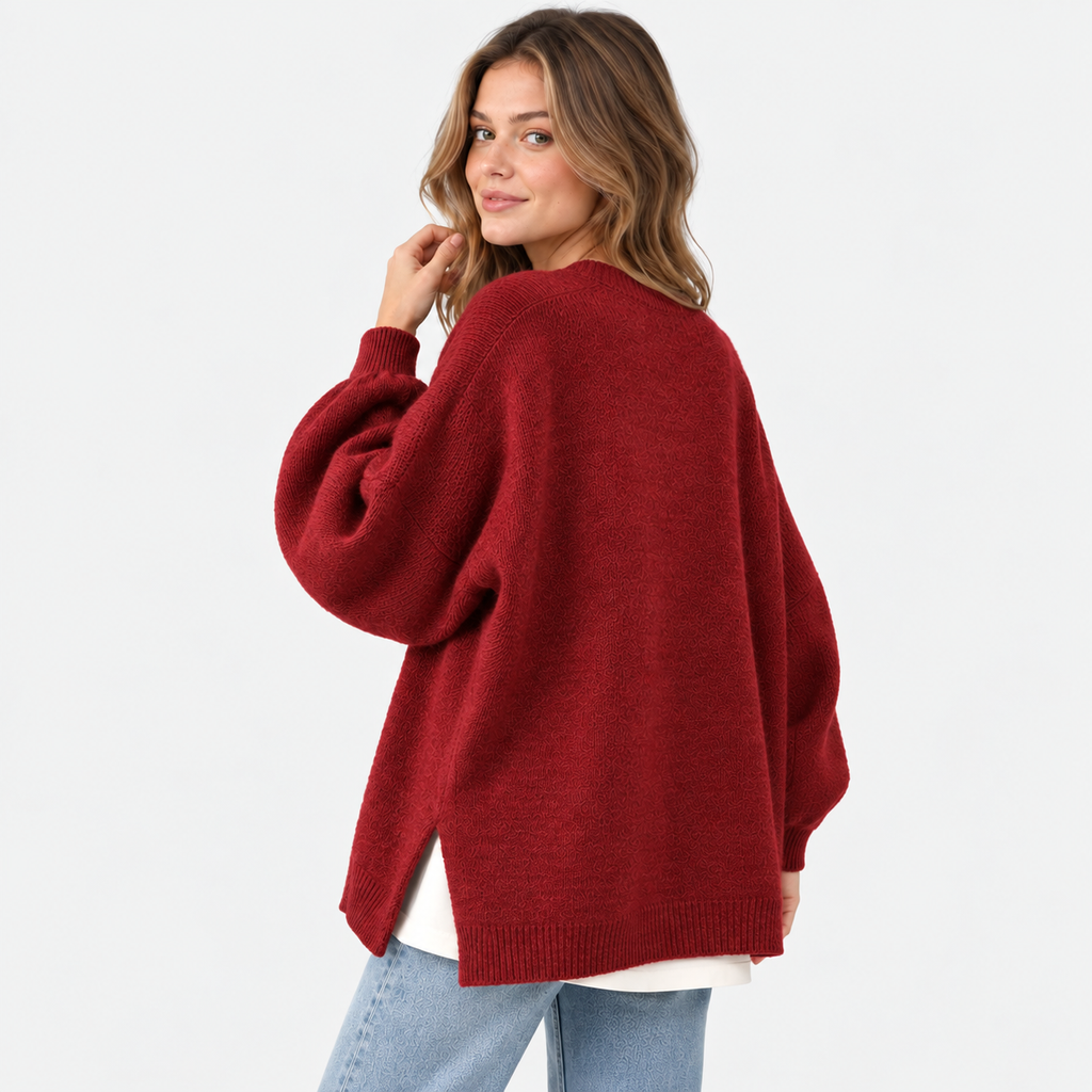 Women's Crew Neck Sweater - Balloon Sleeve Loose Fit