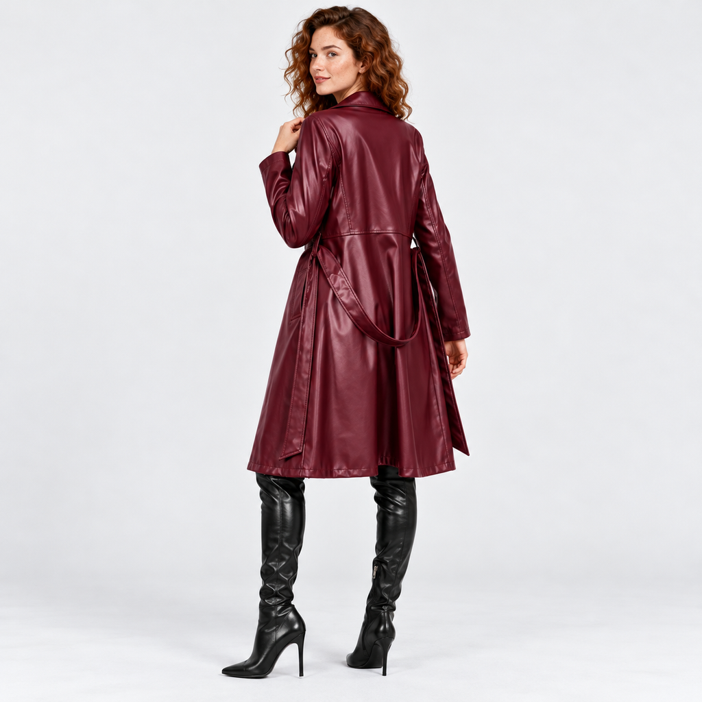 Women's Classic Faux Leather Trench Coat with Belted Waist