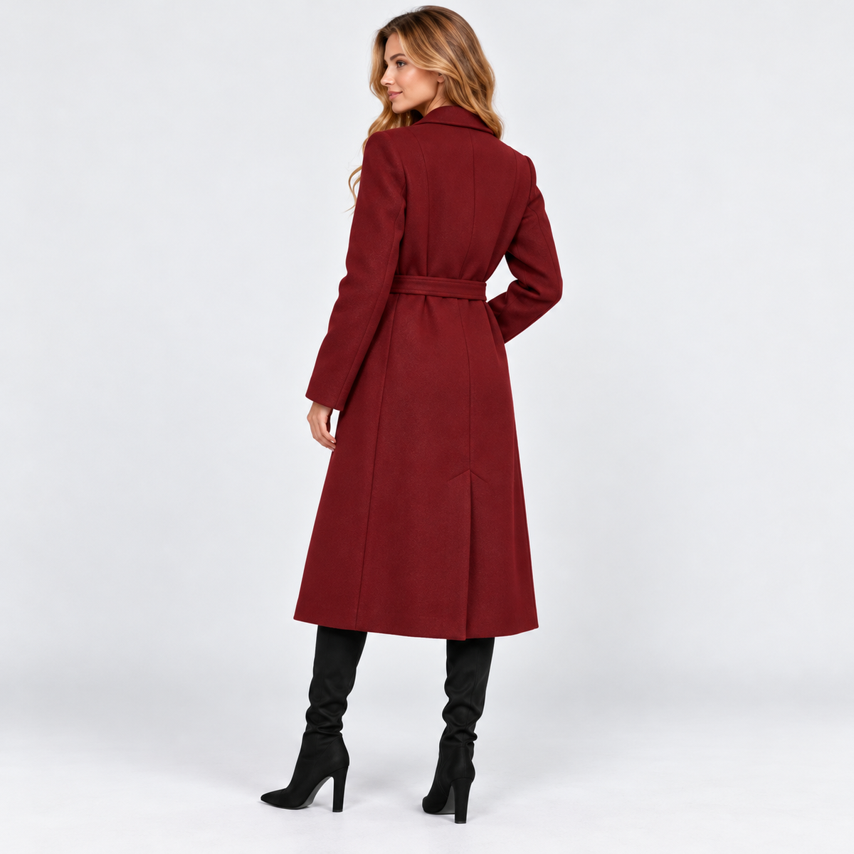Women's Long V-Neck Coat with Lace-Up Waist