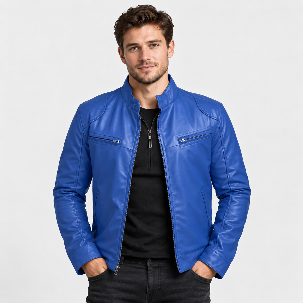 Men's Faux Leather Moto Jacket - Stand Collar