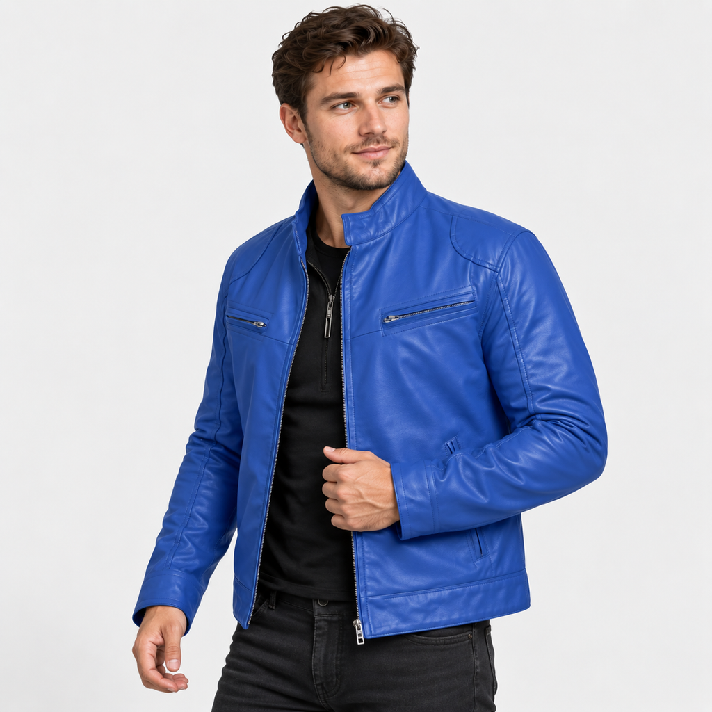 Men's Faux Leather Moto Jacket - Stand Collar