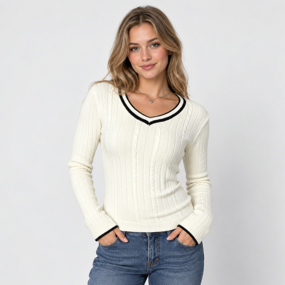Women's Color Block V-Neck Sweater - Viscose Knit