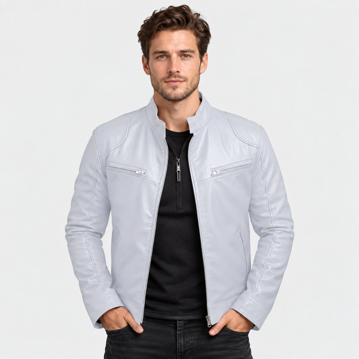 Men's Faux Leather Moto Jacket - Stand Collar