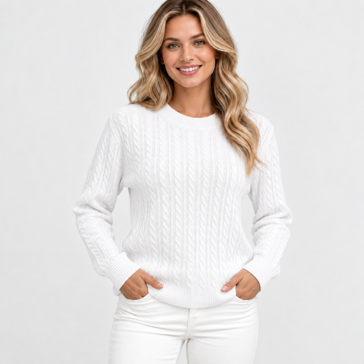 Women's Cable Knit Crew Neck Sweater - Long Sleeve