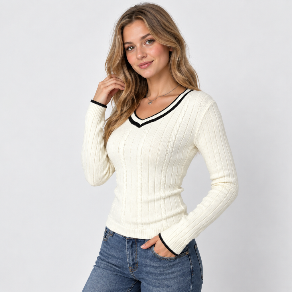 Women's Color Block V-Neck Sweater - Viscose Knit
