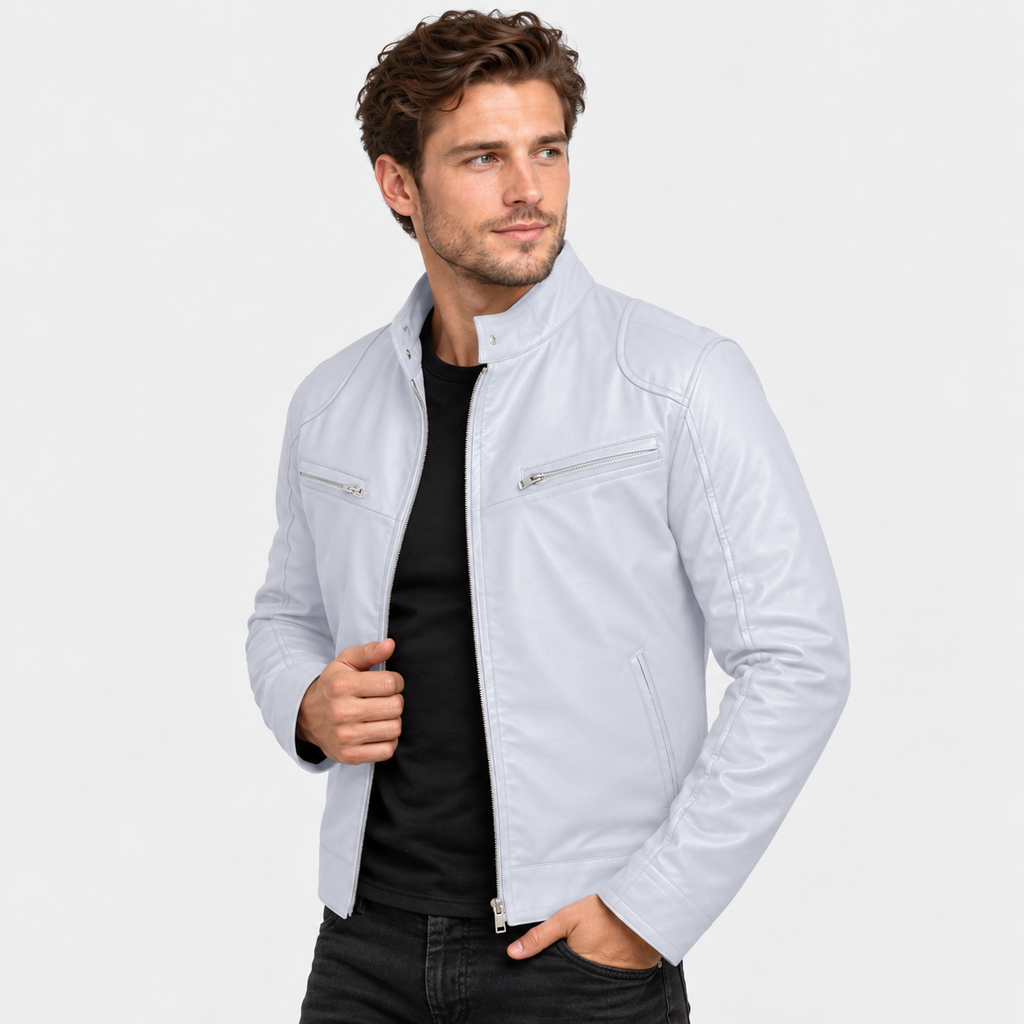 Men's Faux Leather Moto Jacket - Stand Collar