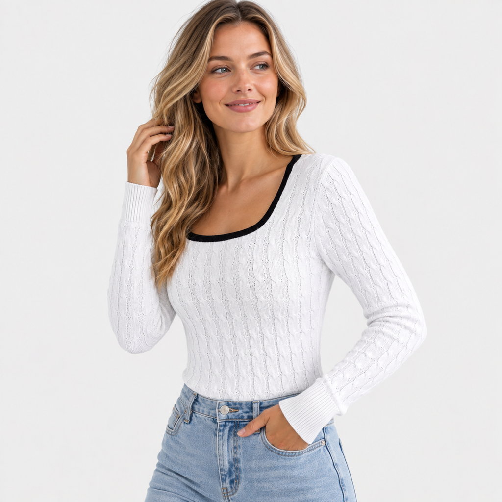 Women's Cable Knit Sweater - Square Neck Slim Fit