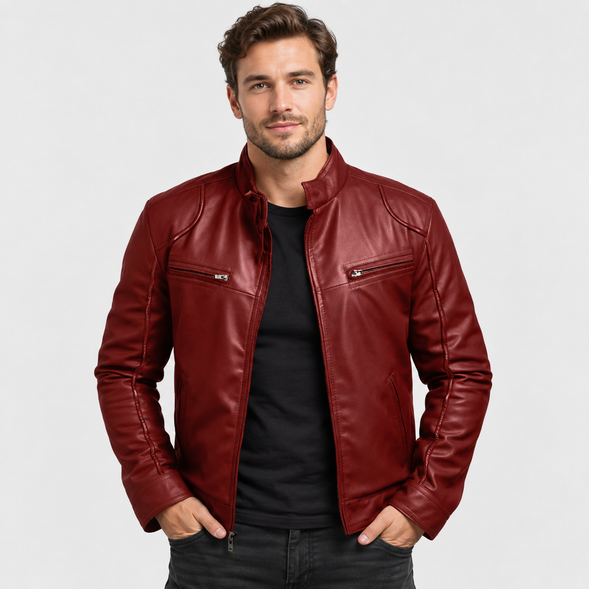 Men's Faux Leather Moto Jacket - Stand Collar