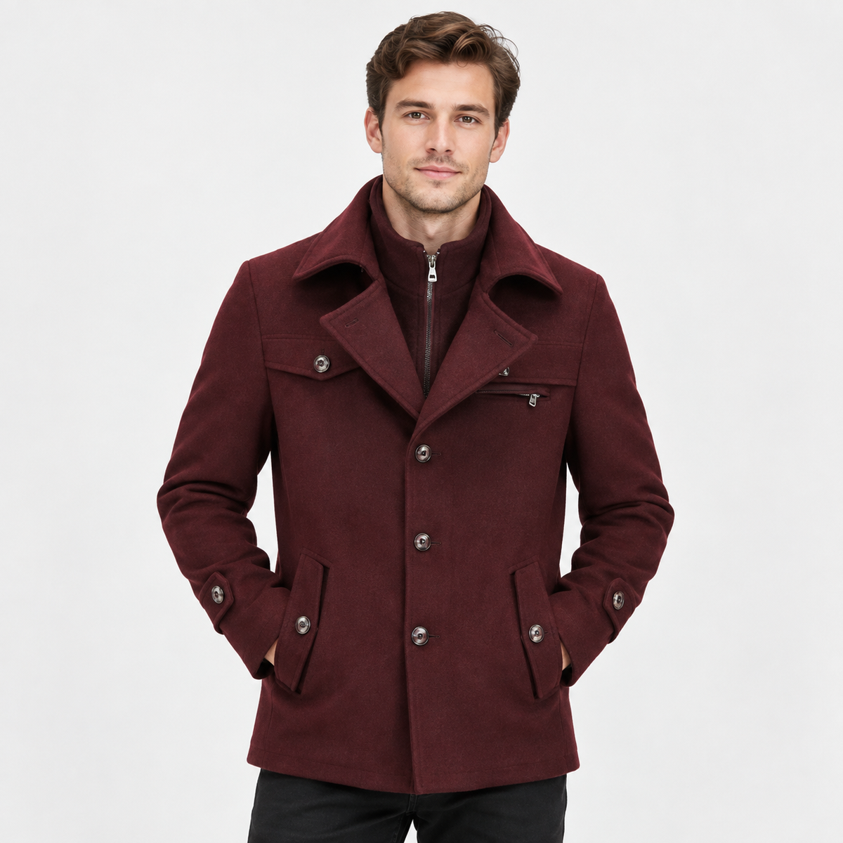 Men's Wool Blend Overcoat - Slim Fit Detachable Collar