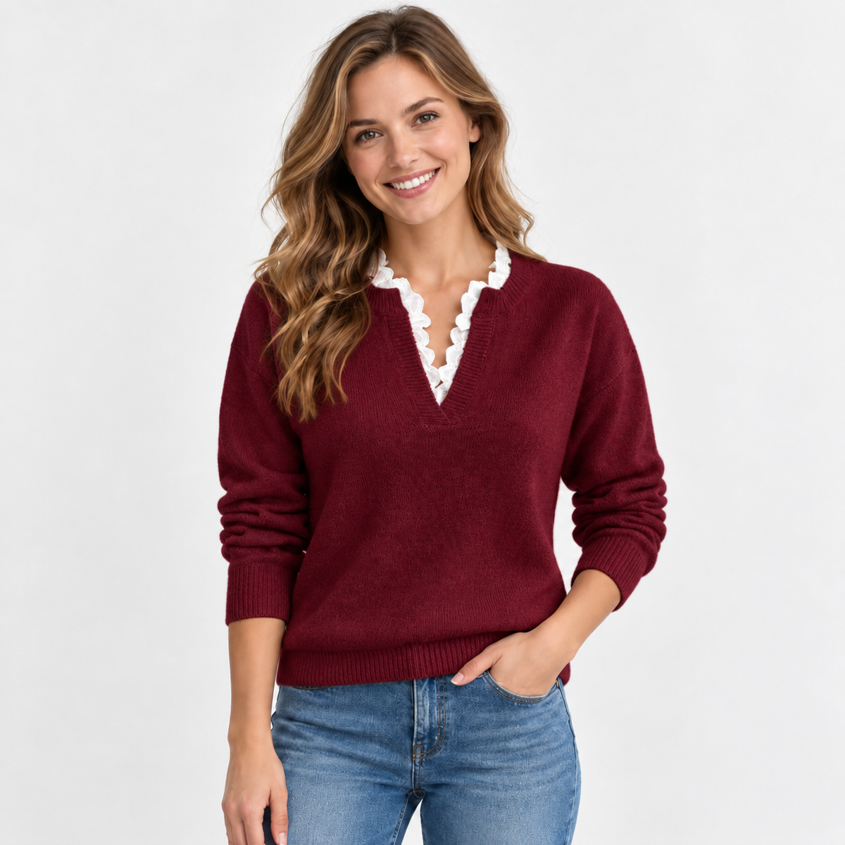 Women's V-Neck Lace Sweater - Long Sleeve Pullover