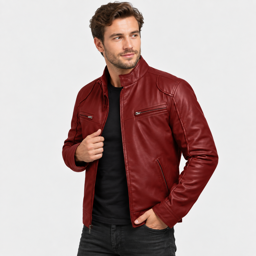 Men's Faux Leather Moto Jacket - Stand Collar
