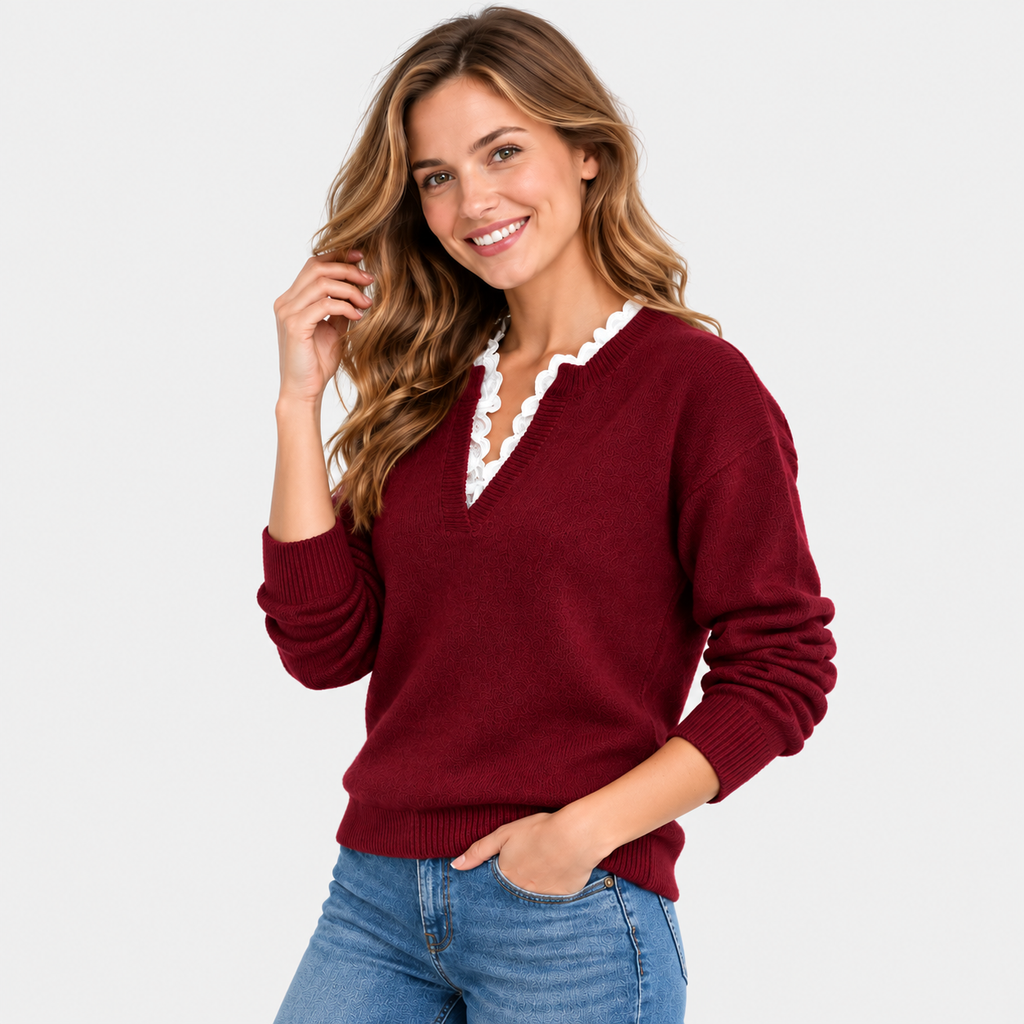 Women's V-Neck Lace Sweater - Long Sleeve Pullover