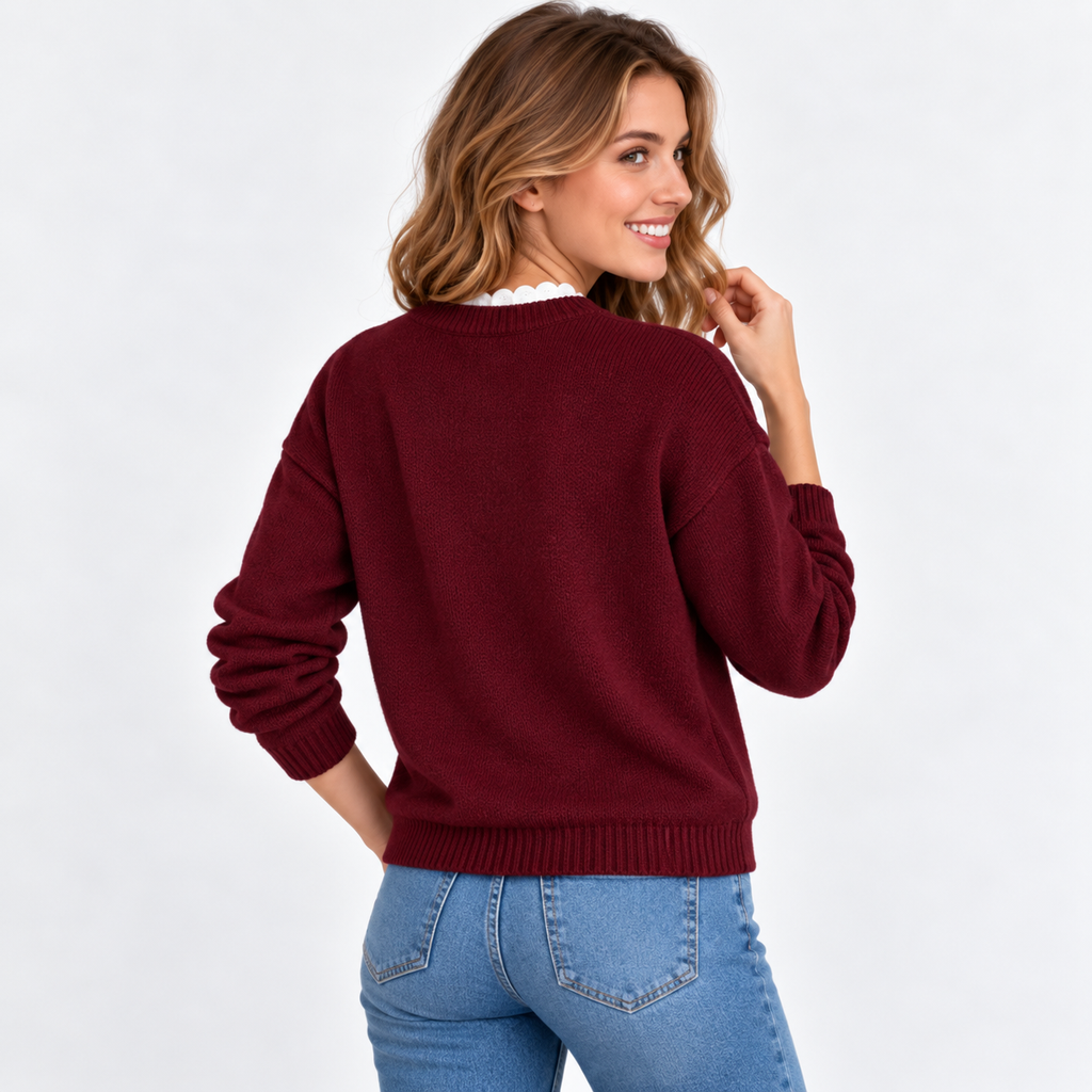 Women's V-Neck Lace Sweater - Long Sleeve Pullover