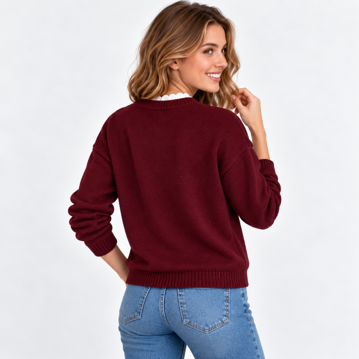 Women's V-Neck Lace Sweater - Long Sleeve Pullover